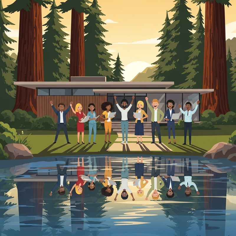 Global Project Management Team in Modern Redwood House | Excitement & Happiness Global Project Management Team in Modern Redwood House | Excitement & Happiness