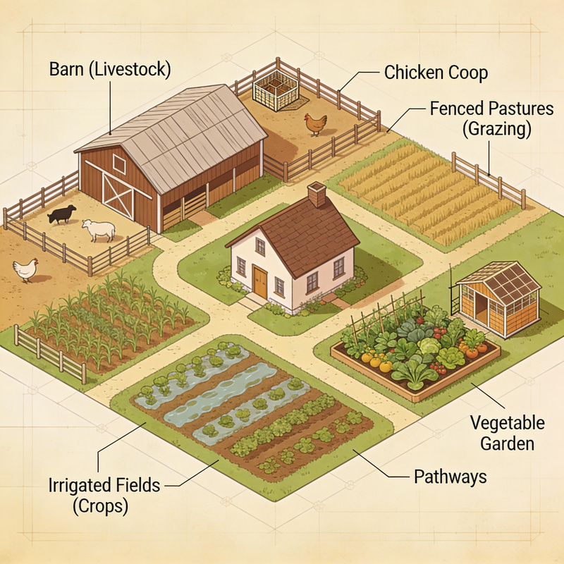 Small-Sized Farm Plan: Livestock Barn, Coop, Gardens & More Small-Sized Farm Plan: Livestock Barn, Coop, Gardens & More