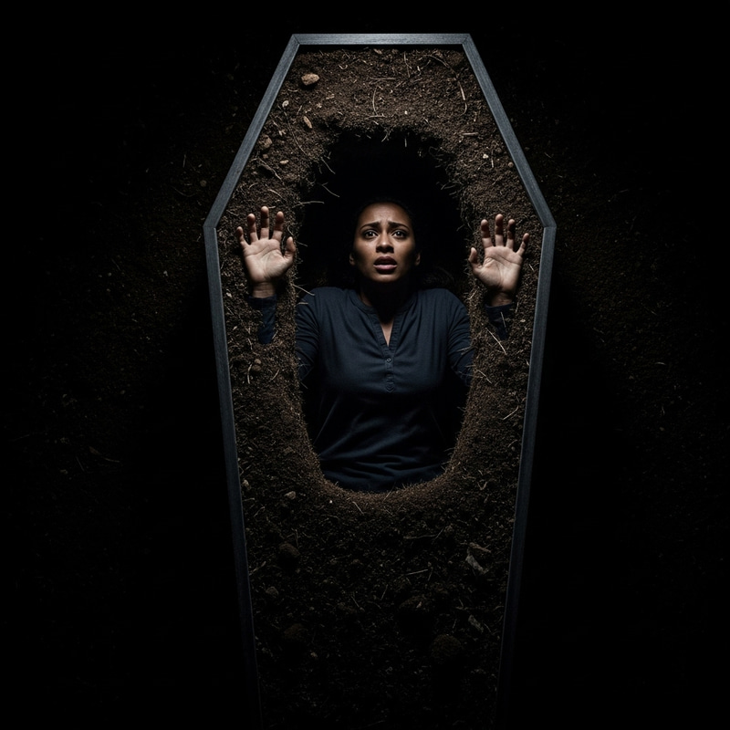 Dark Scene: Lady Trapped in Coffin with Soil
