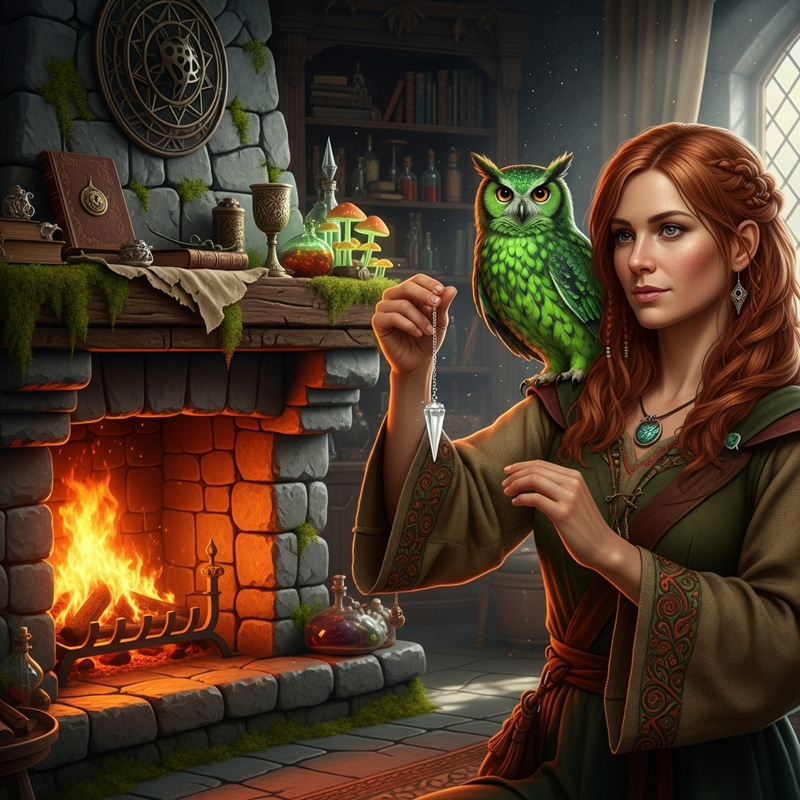 Red-Haired Woman Holding Crystal Pendulum with Green Owl in Fantastical Setting Red-Haired Woman Holding Crystal Pendulum with Green Owl in Fantastical Setting