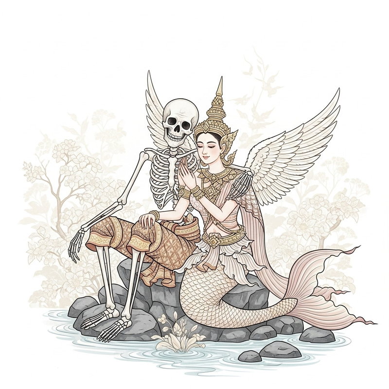 Enchanting Thai Folklore Art: Tale of Skeleton Grandpa and Mermaid Angel Enchanting Thai Folklore Art: Tale of Skeleton Grandpa and Mermaid Angel