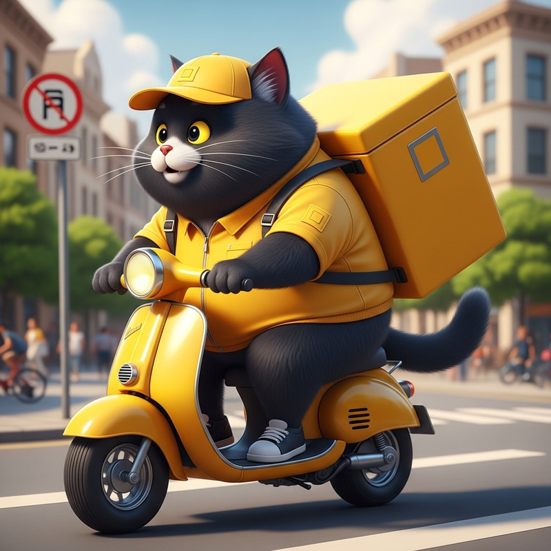 Chubby Black Cat Courier on Yellow Moped | Realistic Illustration Chubby Black Cat Courier on Yellow Moped | Realistic Illustration