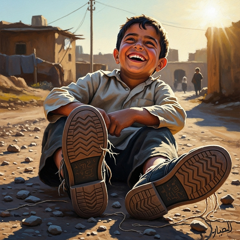 Joyful Middle-Eastern Child Smiling with Worn-out Shoes Joyful Middle-Eastern Child Smiling with Worn-out Shoes