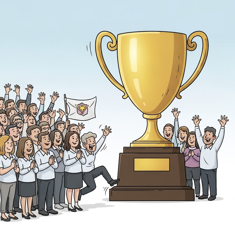 Diverse Crowd Cheering with Oversized Trophy | Editorial Cartoon Scene