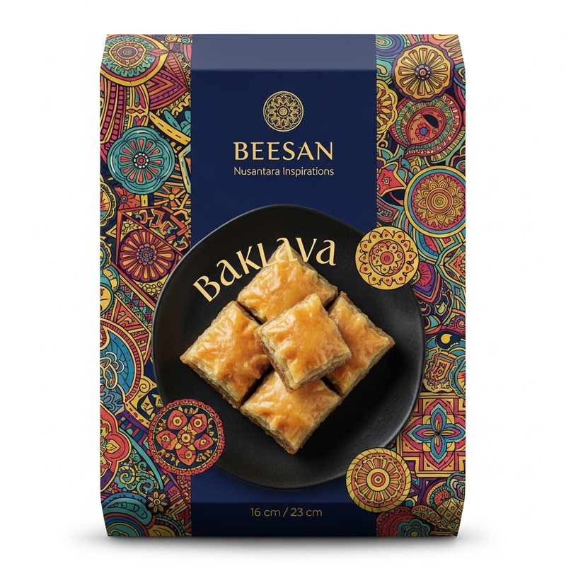 Vibrant Indonesian Baklava Packaging with Luxury Cultural Elements Vibrant Indonesian Baklava Packaging with Luxury Cultural Elements