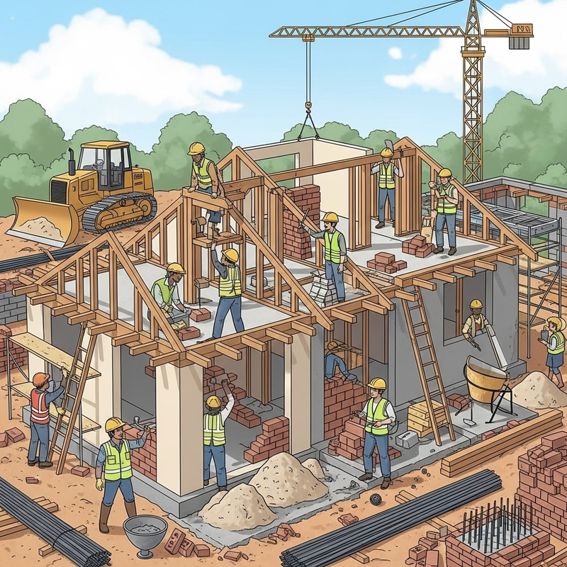 House Construction Progress | Diverse Workers Building House Construction Progress | Diverse Workers Building