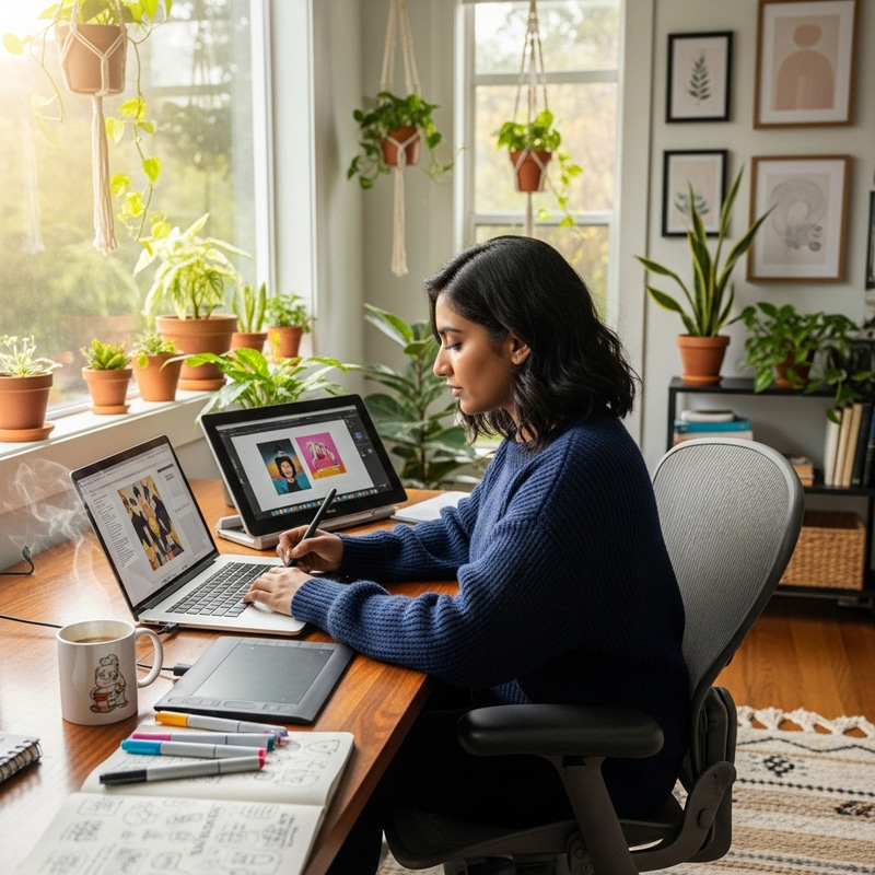 Freelance Graphic Designer | Creative Graphiste Freelance in Cozy Home Office Freelance Graphic Designer | Creative Graphiste Freelance in Cozy Home Office