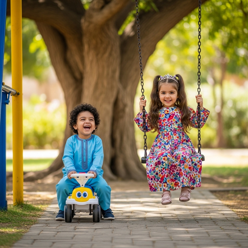 3-Year-Old Shia Muslim Boy & Girl Playing in Vibrant Park