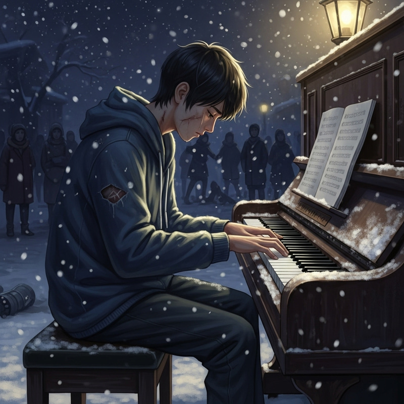 Asian Teen Playing Piano in Snowy Night Harmony Asian Teen Playing Piano in Snowy Night Harmony