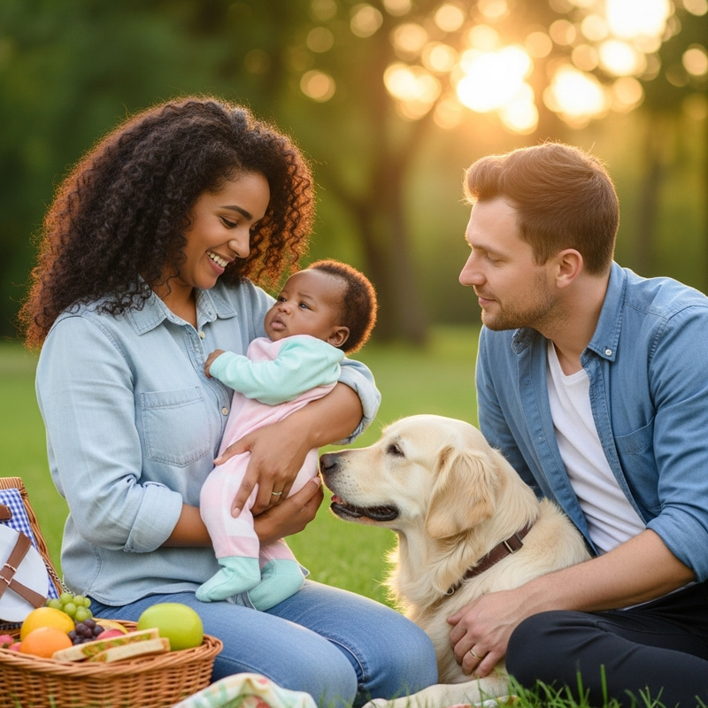 Beautiful Family Outdoors: Heartwarming Scene with Parents and Baby Beautiful Family Outdoors: Heartwarming Scene with Parents and Baby