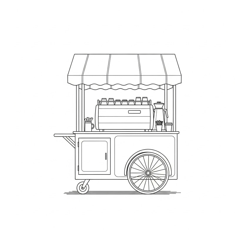 Minimalist Coffee Cart Sketch | Large, Clean Lines, Front View Minimalist Coffee Cart Sketch | Large, Clean Lines, Front View