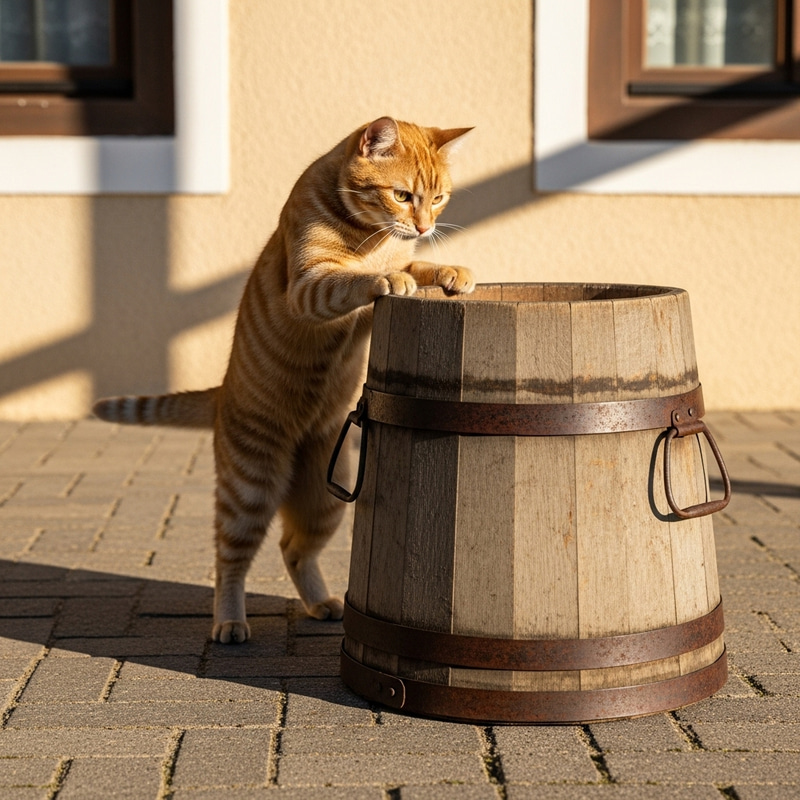 Playful Cat Jumping with Antique Wooden Water Gallon Playful Cat Jumping with Antique Wooden Water Gallon