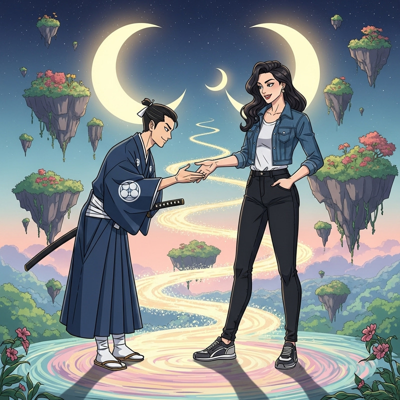 Samurai Jack meets Charlie Morgnistar in a Whimsical Landscape