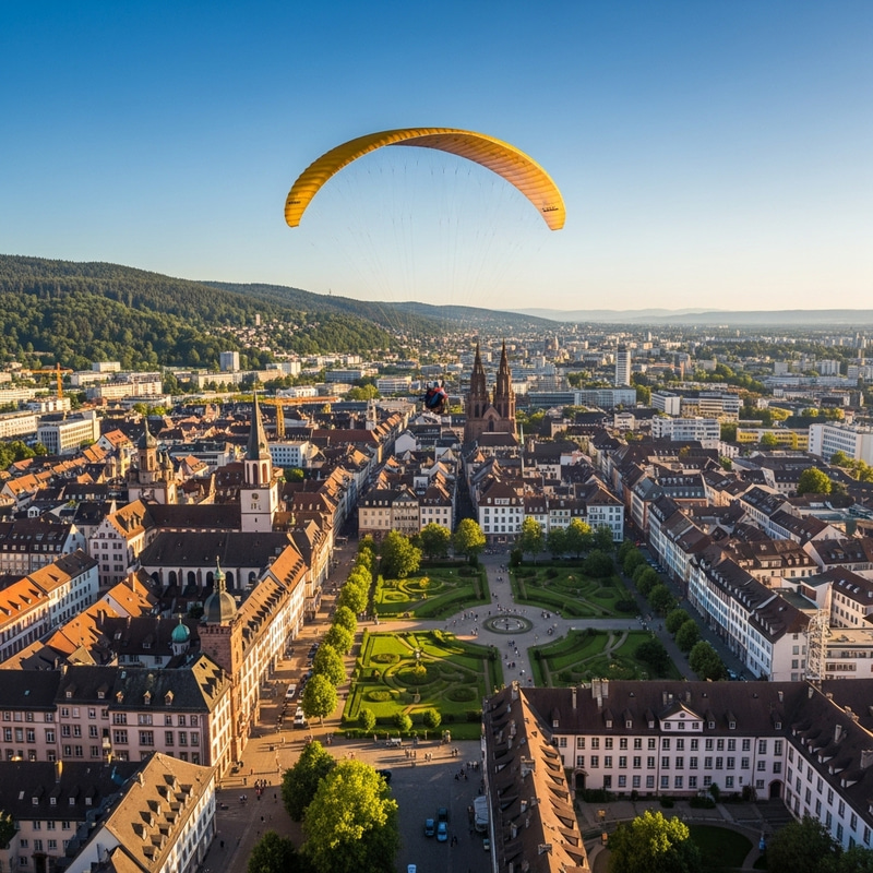 Paraglider Flying Over Freiburg, Germany | Black Forest City View Paraglider Flying Over Freiburg, Germany | Black Forest City View