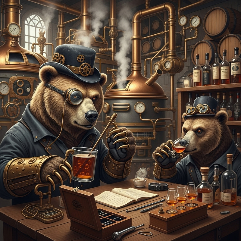 Steampunk Bear Brewmaster: Mad Bald Beer Brewer & Whisky Taster Steampunk Bear Brewmaster: Mad Bald Beer Brewer & Whisky Taster