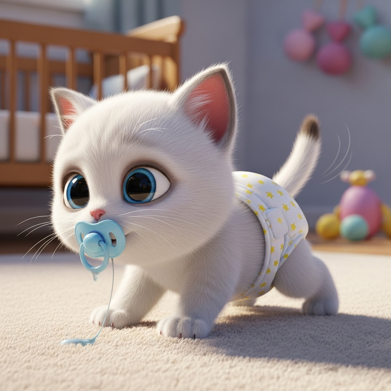 Adorable Newborn Kitten Crawling with Diaper and Pacifier Cartoon Adorable Newborn Kitten Crawling with Diaper and Pacifier Cartoon