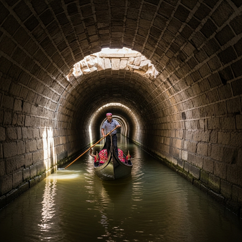 South Asian Gondolier Maneuvering in Dimly Lit Sewer Tunnel South Asian Gondolier Maneuvering in Dimly Lit Sewer Tunnel