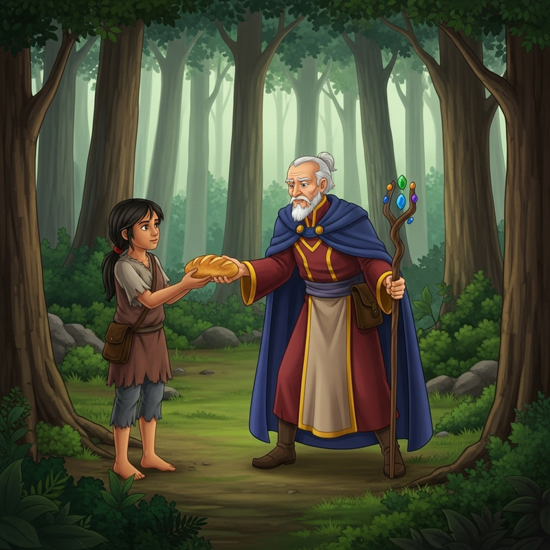 Poverty-Stricken Hispanic Girl in Woods Receives Bread from Old Caucasian Magician