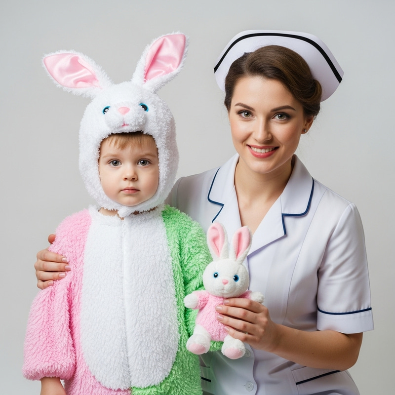 Adorable Bunny Boy and Nurse: Heartfelt Caregiver Moment Adorable Bunny Boy and Nurse: Heartfelt Caregiver Moment