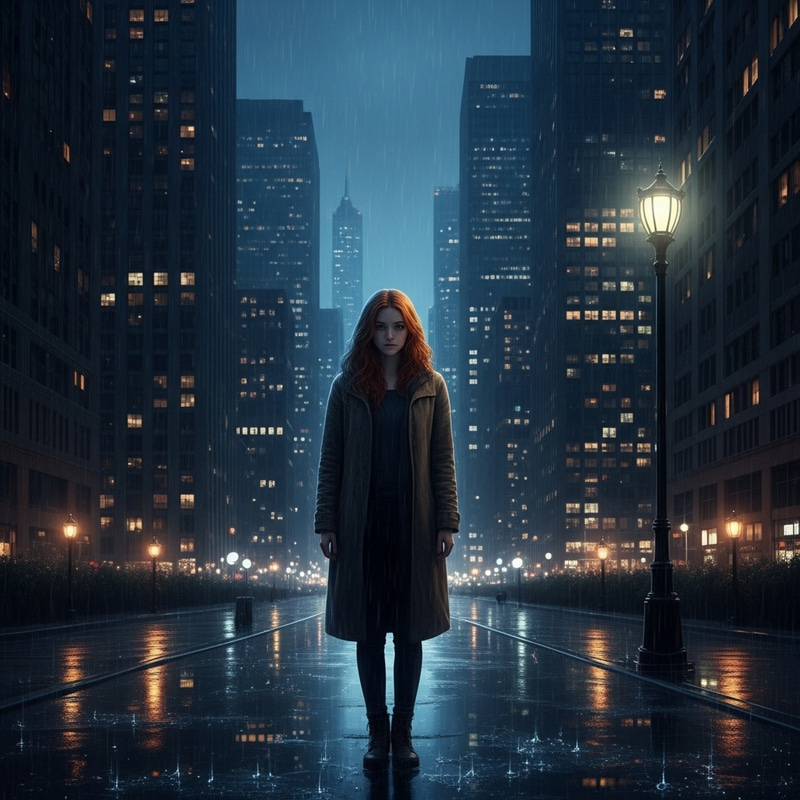 Lonely Red-Haired Girl in Dark Rainy City | Melancholic Scene Lonely Red-Haired Girl in Dark Rainy City | Melancholic Scene