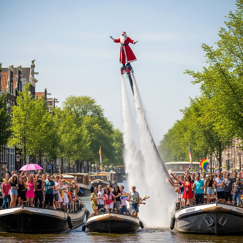 Sinterklaas Soaring with Jet-Pack at Canal Pride in Amsterdam