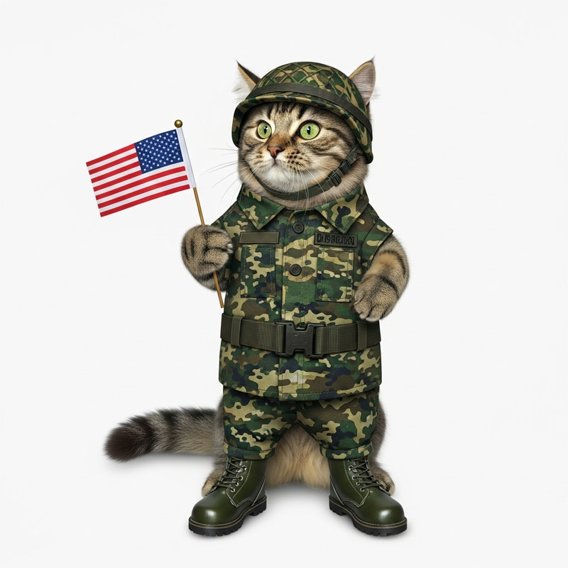 Soldier Cat: Brave Feline in Military Attire Stands Ready
