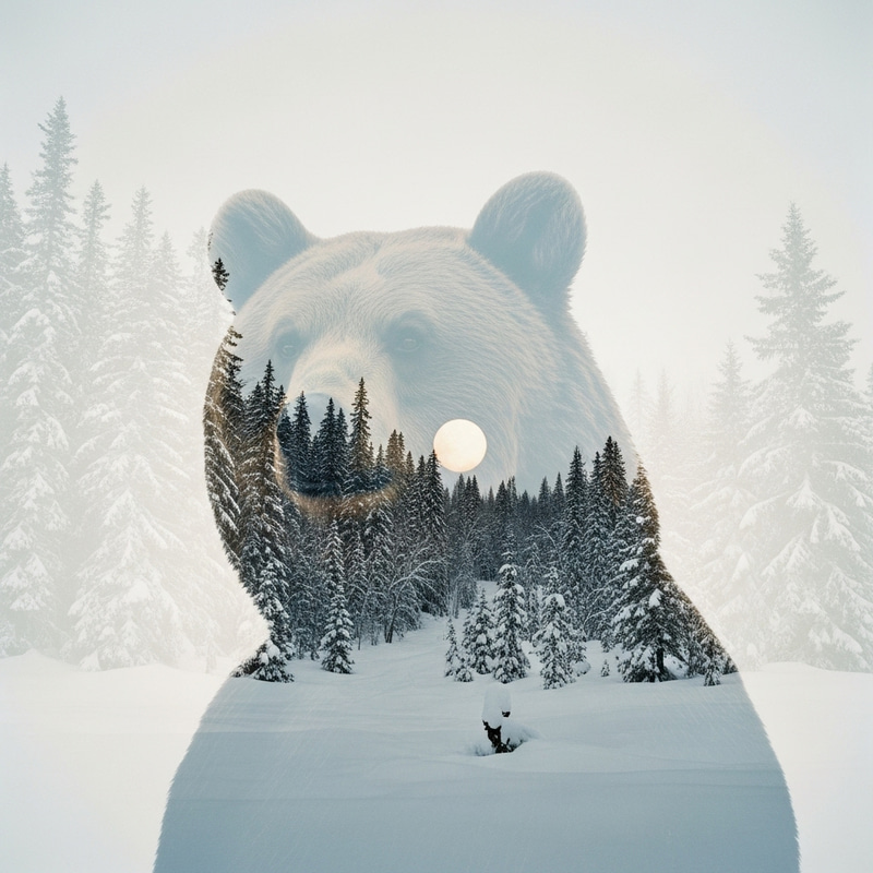 Anachronistic Double Exposure: Surreal Bear Portrait in Snowy Landscape Anachronistic Double Exposure: Surreal Bear Portrait in Snowy Landscape