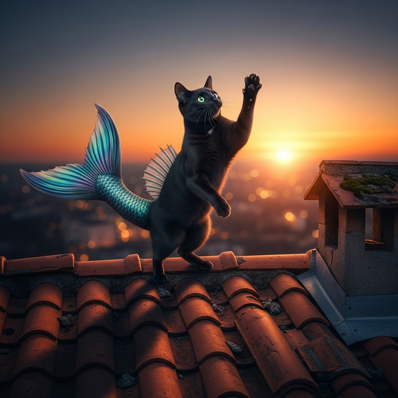 Cat with Fish Tail on Rooftop - Playful Feline Image Cat with Fish Tail on Rooftop - Playful Feline Image
