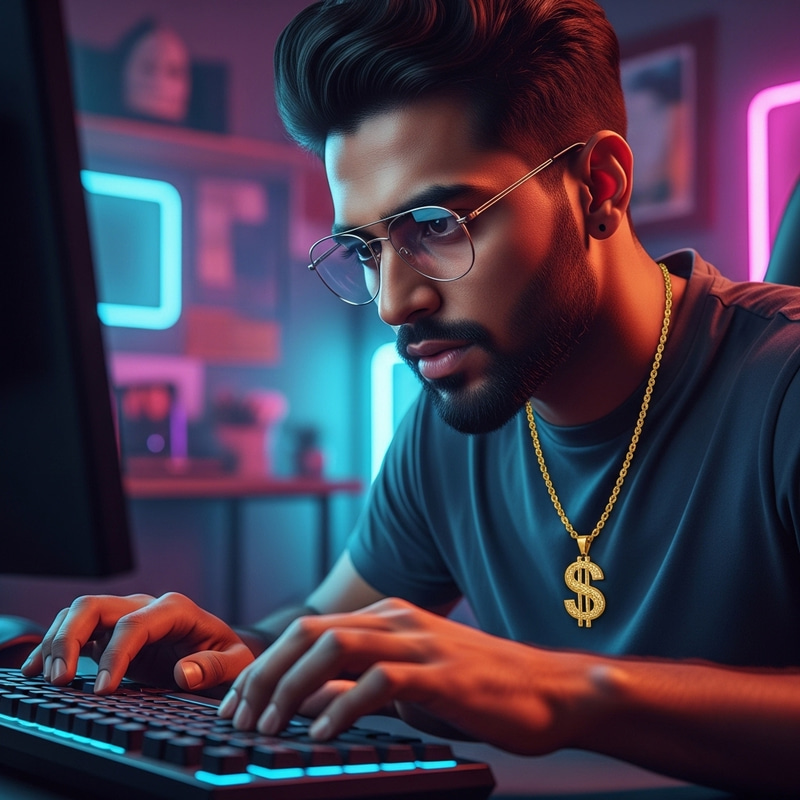 Super Realistic Mahadev Gamer With Gold Dollar Necklace in Neon Room Super Realistic Mahadev Gamer With Gold Dollar Necklace in Neon Room