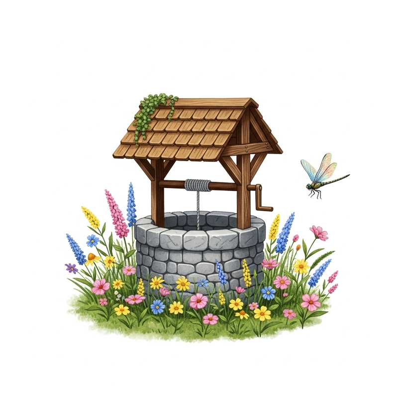 Intricately Designed Wishing Well with Wildflowers and Dragonfly