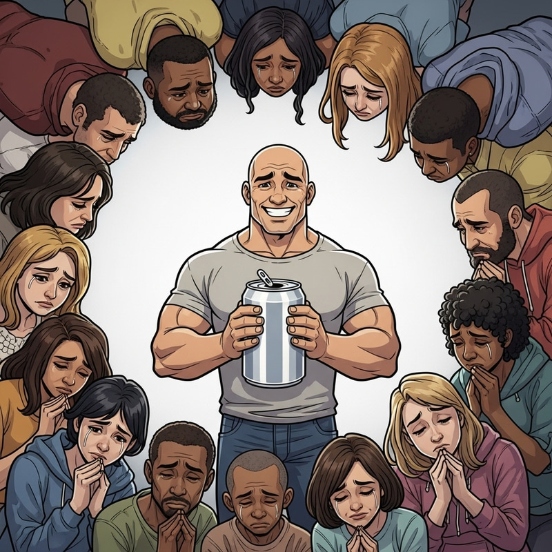 Inclusive: Bald Man with Can Surrounded by Sad People