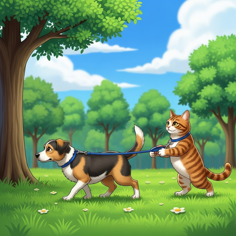 Cat Leads Dog on Leash in Green Park - Captivating Scene Cat Leads Dog on Leash in Green Park - Captivating Scene