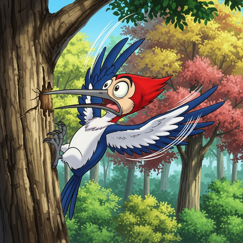 Vibrant Anime Woodpecker Stuck in Tree Vibrant Anime Woodpecker Stuck in Tree