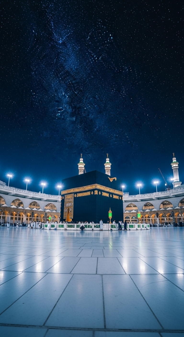 Breathtaking Night Scene in the Holy City of Mecca: Illuminated Kaaba in Ethereal Blues and Purples Breathtaking Night Scene in the Holy City of Mecca: Illuminated Kaaba in Ethereal Blues and Purples