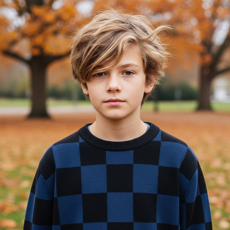 Boy with Messy Blonde Hair in Checkered Sweater