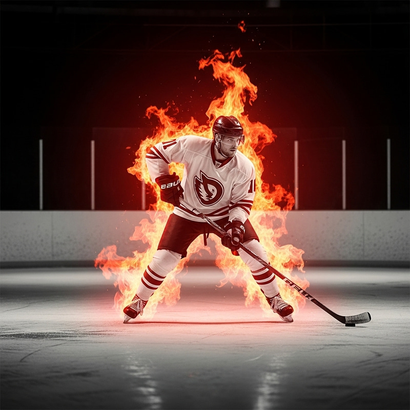 Fiery Hockey Player in High Contrast Flames | Vintage Ice Rink Shot Fiery Hockey Player in High Contrast Flames | Vintage Ice Rink Shot