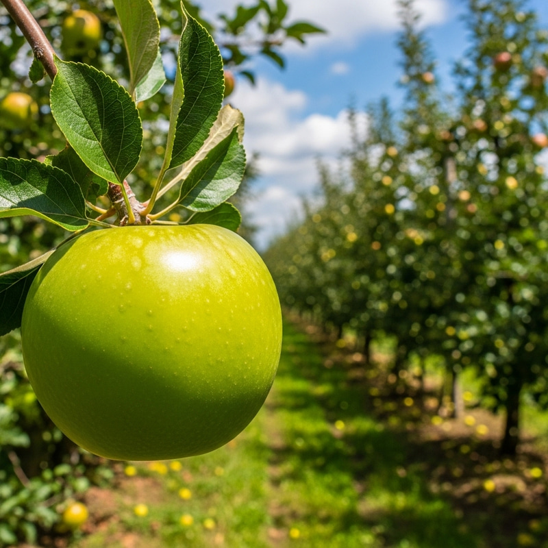 Hyper Realistic Green Apple in Lush Orchard Setting Hyper Realistic Green Apple in Lush Orchard Setting