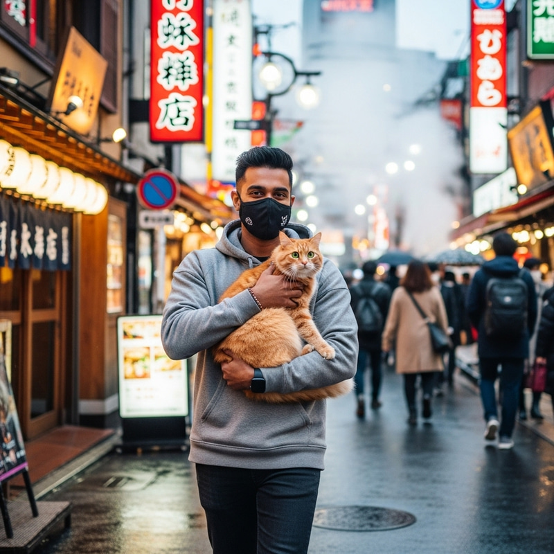 South Asian Male Walking in Tokyo with Cute Cat