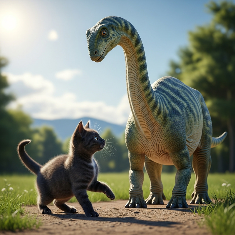 Cute Kitten and Friendly Dinosaur Encounter Cute Kitten and Friendly Dinosaur Encounter