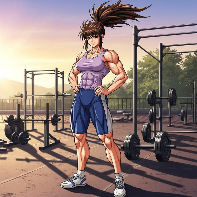 Muscular Female Anime Character in Gym Setting Muscular Female Anime Character in Gym Setting