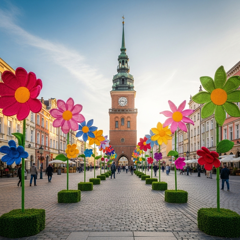 Colorful Knitted Flowers at Rynek Lazarski, Poznan Colorful Knitted Flowers at Rynek Lazarski, Poznan