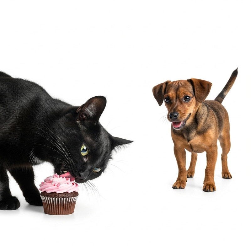 Adorable Cat Enjoying Cupcake With Playful Dog Adorable Cat Enjoying Cupcake With Playful Dog