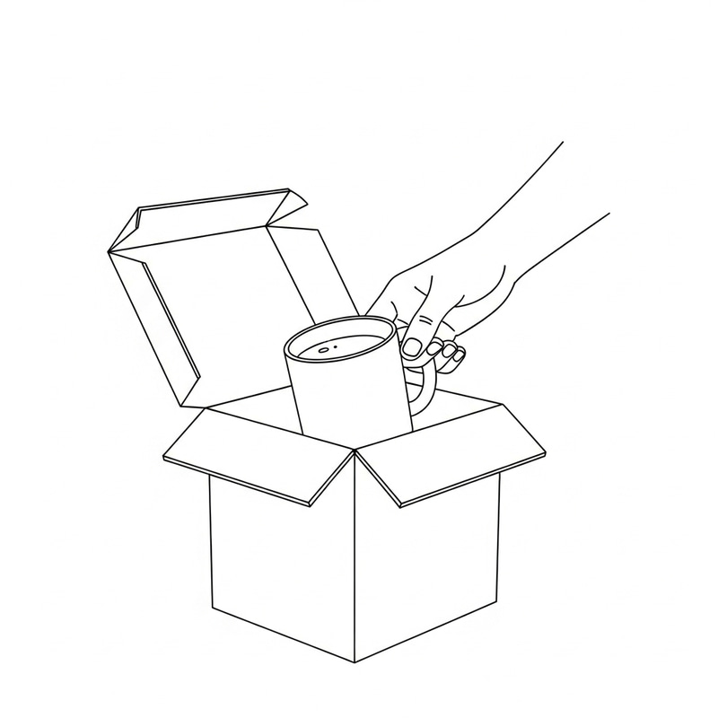 Minimalist 2D Drawing of Hand Pulling Out Mug from Opened Box Minimalist 2D Drawing of Hand Pulling Out Mug from Opened Box