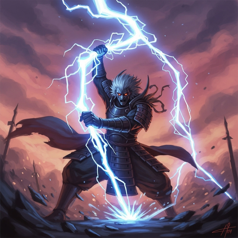 Ikiga Wielding Lightning in Intense Battle Scene