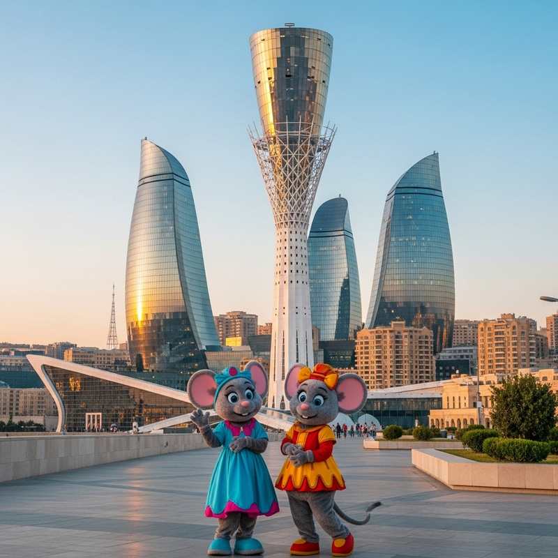 Animated Mickey and Minnie Mouse Near Flame Towers in Baku Animated Mickey and Minnie Mouse Near Flame Towers in Baku