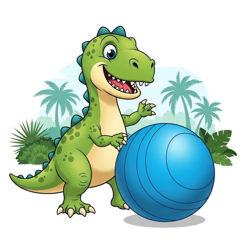 Cartoon Dinosaur Playing with a Bouncy Ball
