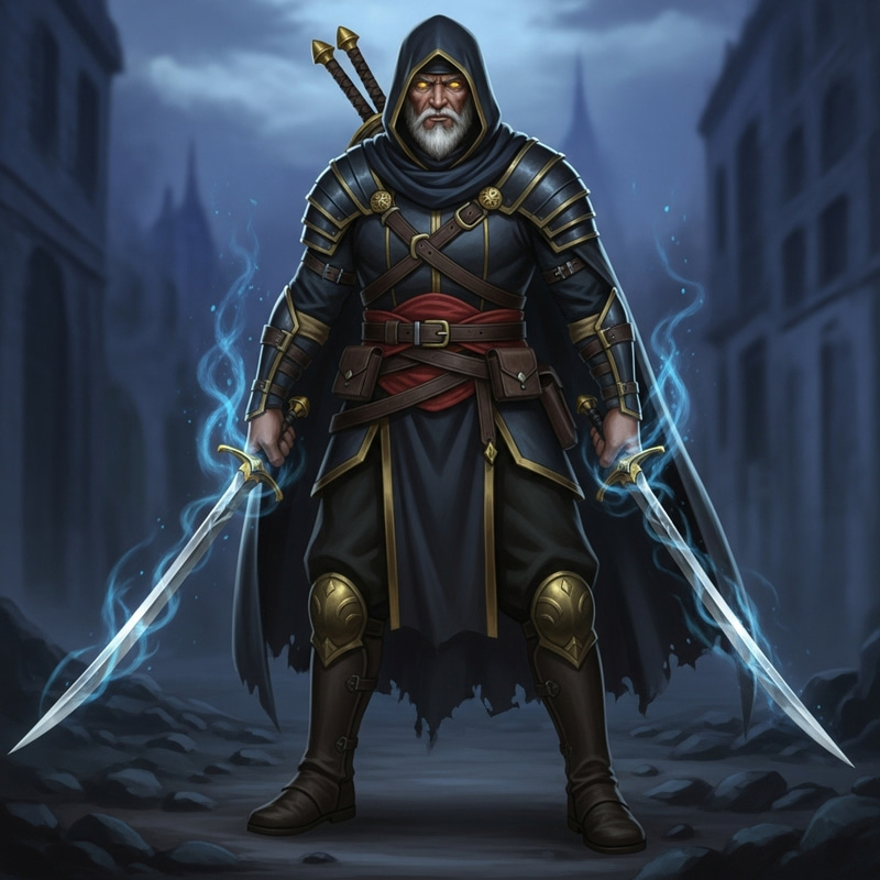 Stoic Monster Hunter with Yellow Eyes | Dual Swords & Magic Stoic Monster Hunter with Yellow Eyes | Dual Swords & Magic