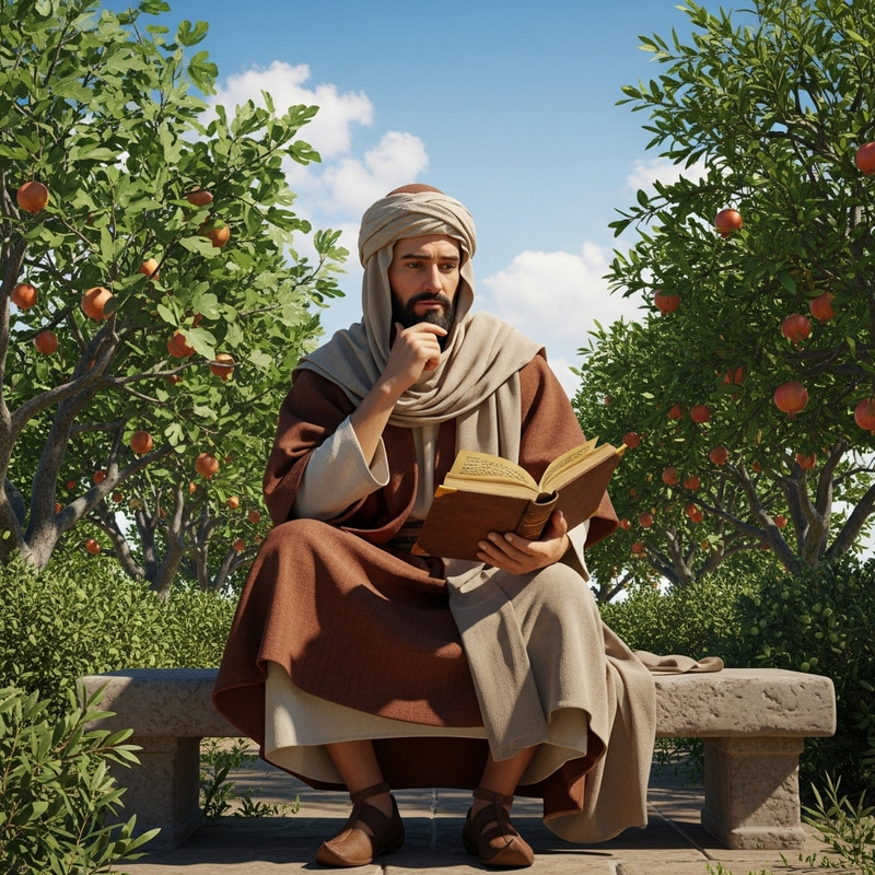 Philosopher Al Farabi in Meditative Garden Scene Philosopher Al Farabi in Meditative Garden Scene