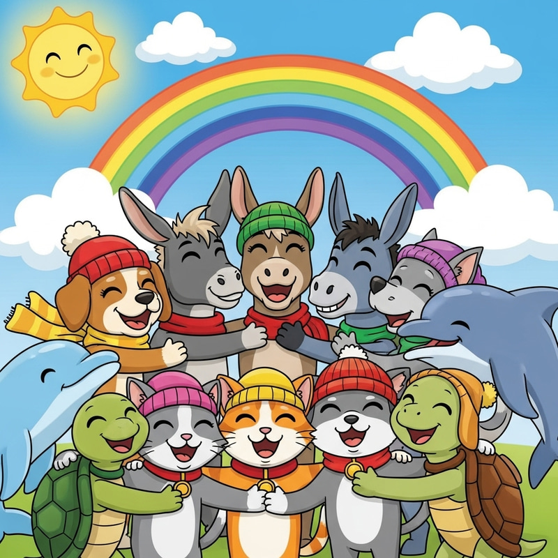 Cheerful Animal Rescue Cartoon: Dogs, Cats, Donkeys, Dolphins & Turtles Embracing Cheerful Animal Rescue Cartoon: Dogs, Cats, Donkeys, Dolphins & Turtles Embracing