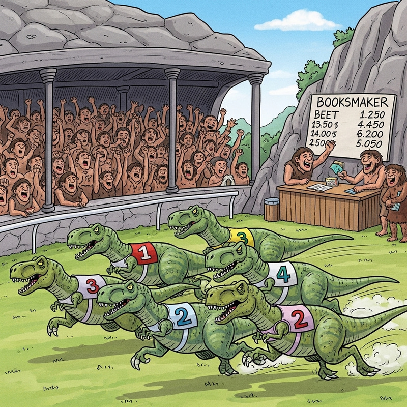 T-Rex Dinosaur 100 Sprint Race with Neanderthal Crowd